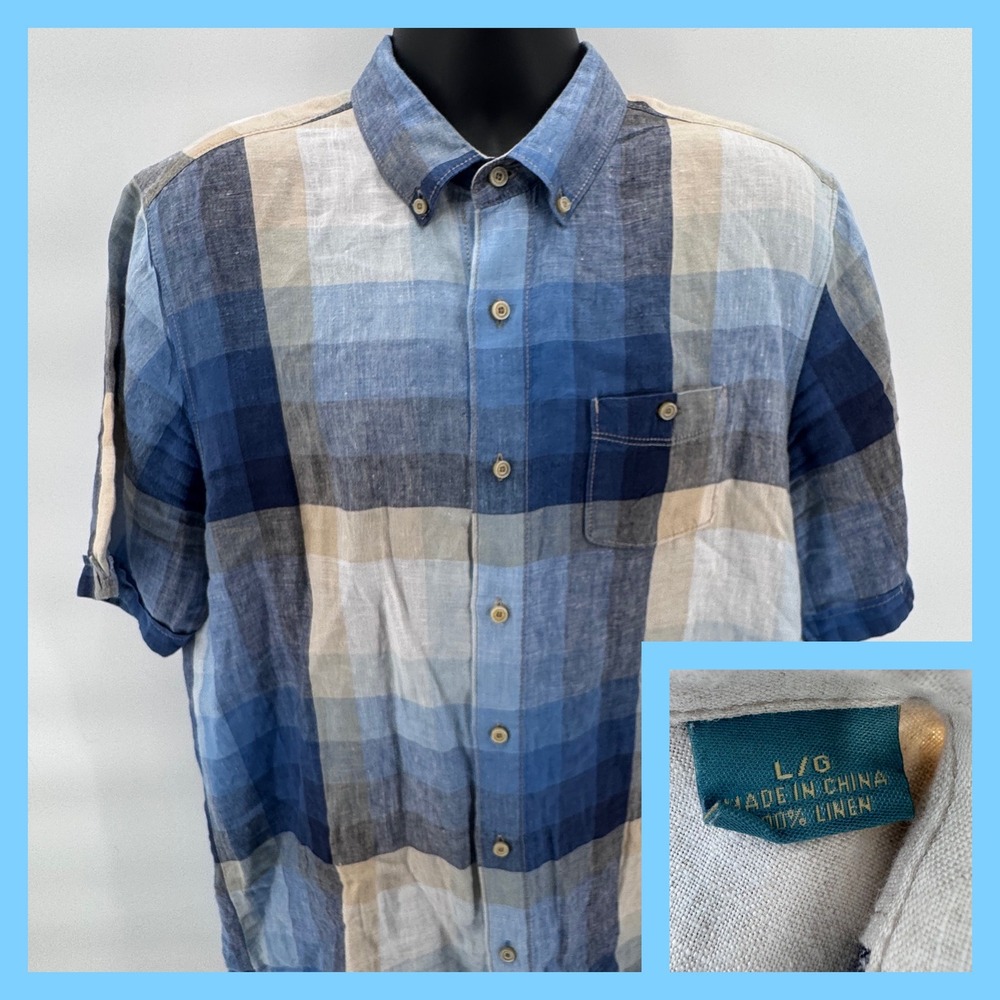 Tommy Bahama Relax Island Button Up Shirt Mens L Blue Plaid Linen Short Sleeve